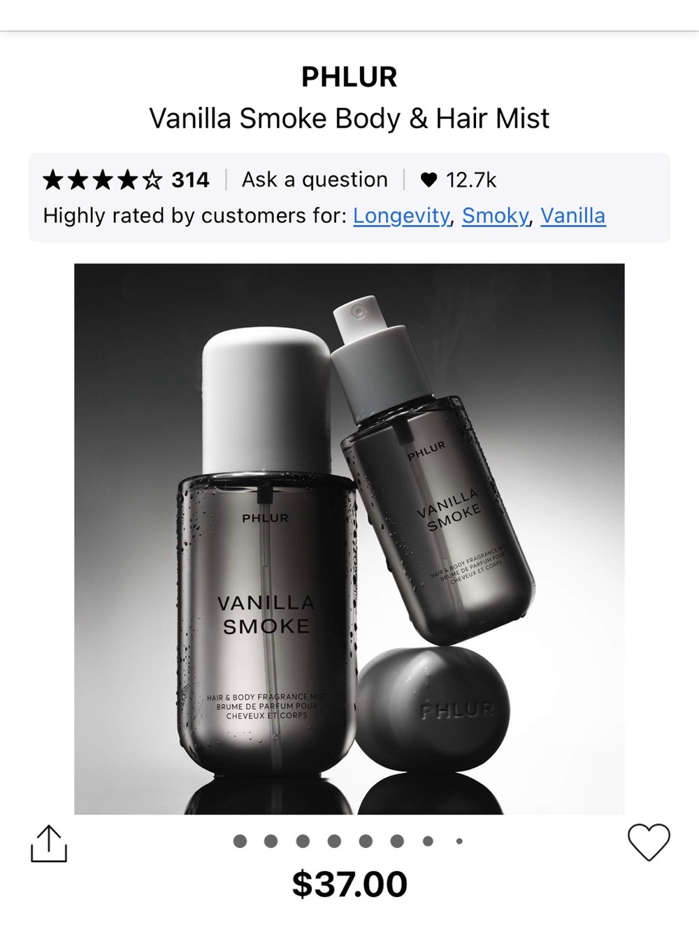 PHLUR Vanilla Smoke Hair & Body Fragrance Mist